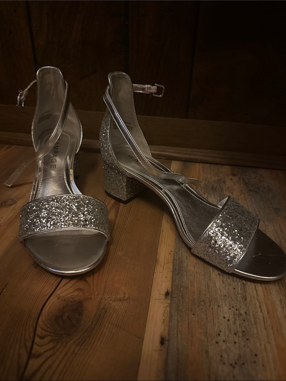Rampage Silver Glitter Block Heel Sandals with Ankle Strap